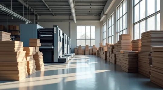 Scène d'atelier d'impression avec machines modernes et matériaux écologiques dans un environnement technologique épuré