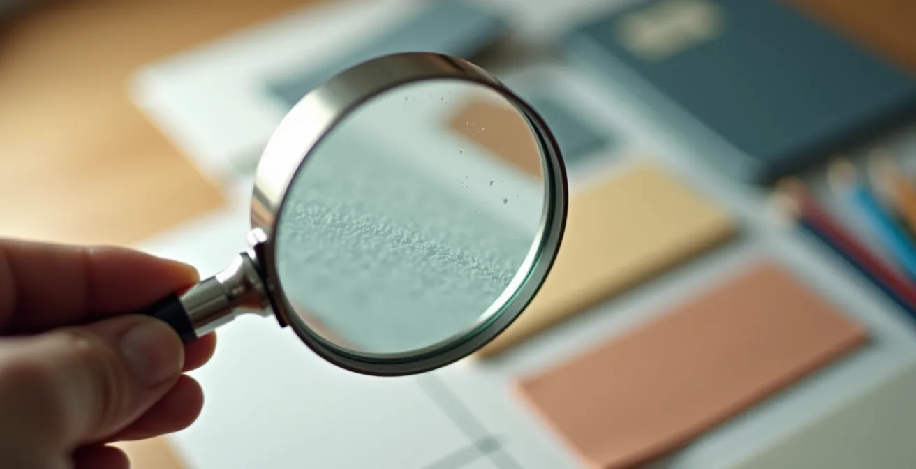 Une loupe professionnelle examinant des échantillons de papiers et matériaux d'impression avec attention au détail