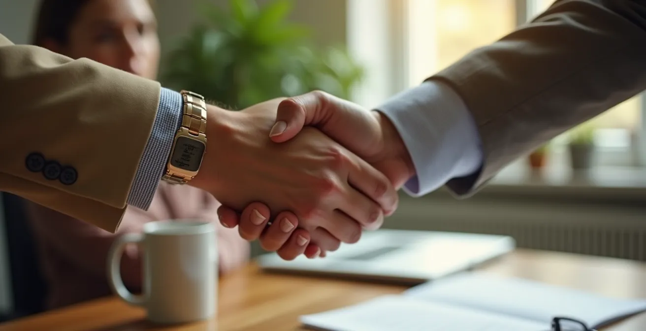 Deux mains se serrant dans une poignée de main professionnelle symbolisant la collaboration et la confiance d'un partenariat de proximité