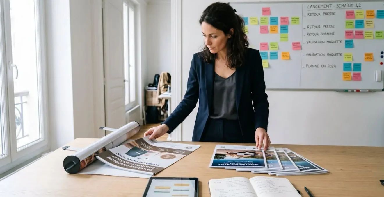 Responsable marketing examinant des supports PLV (roll-up et flyers) sur une table de travail lors de la préparation d'un salon professionnel