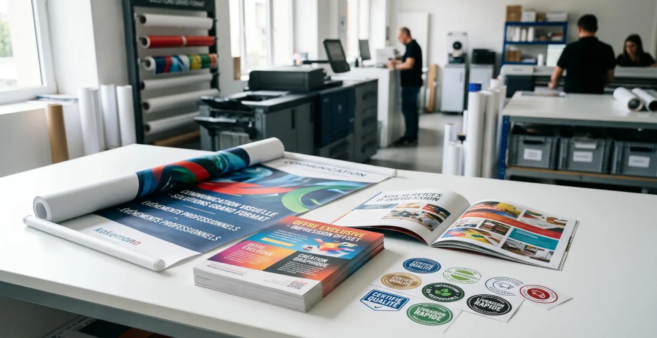 Surface de travail professionnelle dans un showroom d'imprimerie moderne présentant divers supports de communication imprimés (kakémono, flyers, plaquettes) avec équipements d'impression en arrière-plan