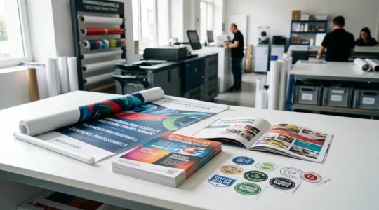 Surface de travail professionnelle dans un showroom d'imprimerie moderne présentant divers supports de communication imprimés (kakémono, flyers, plaquettes) avec équipements d'impression en arrière-plan