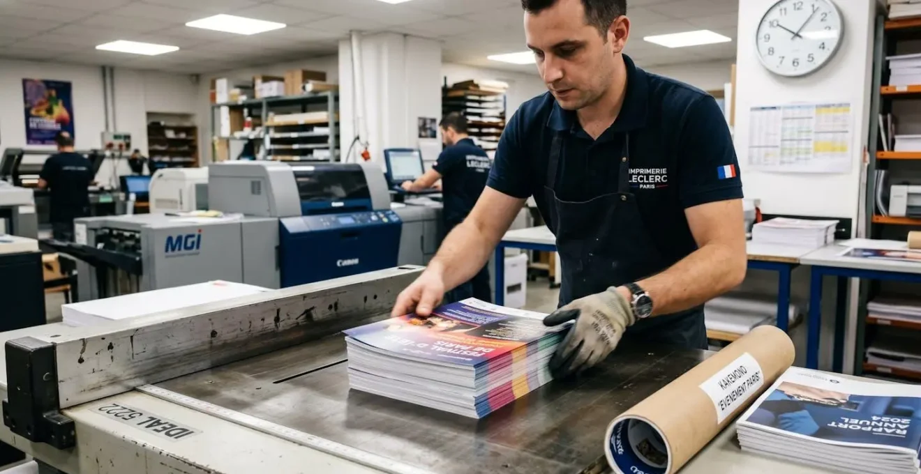 Technicien d'imprimerie finalisant une commande express de flyers et kakémonos dans un atelier de production professionnel